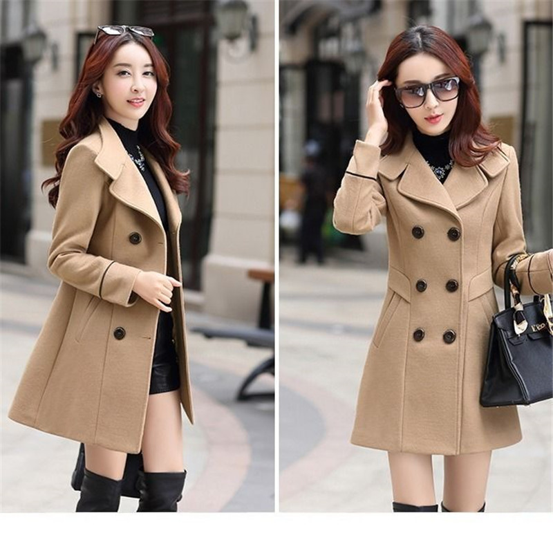 Autumn Winter Women s Woolen blends Jacket Korea Double Breasted Slim Mid Length Coat Solid Casual Female Outwear Trench 220818