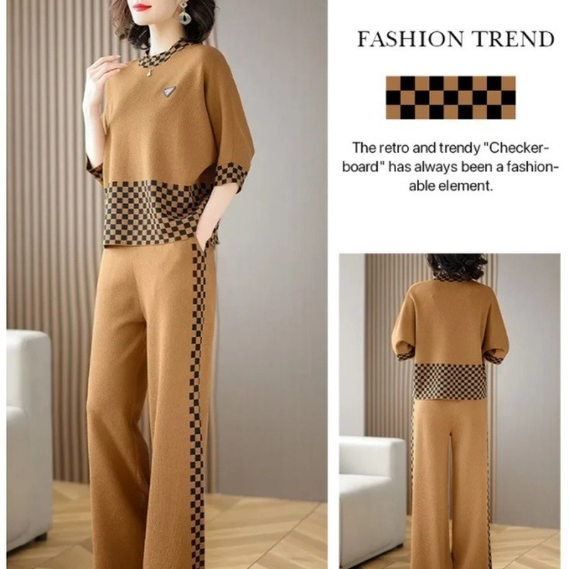 Fashionable temperament slim plaid sweater wide leg pants casual suit 220819