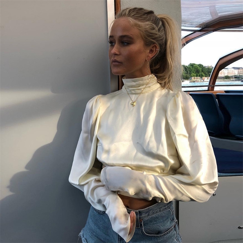 Elegant Turleneck Satin Slik Blouse Women Shirt Backless Women Blouse Long Sleeve Bow Tie Womens Tops And Blouses Blusa Femininamx190827