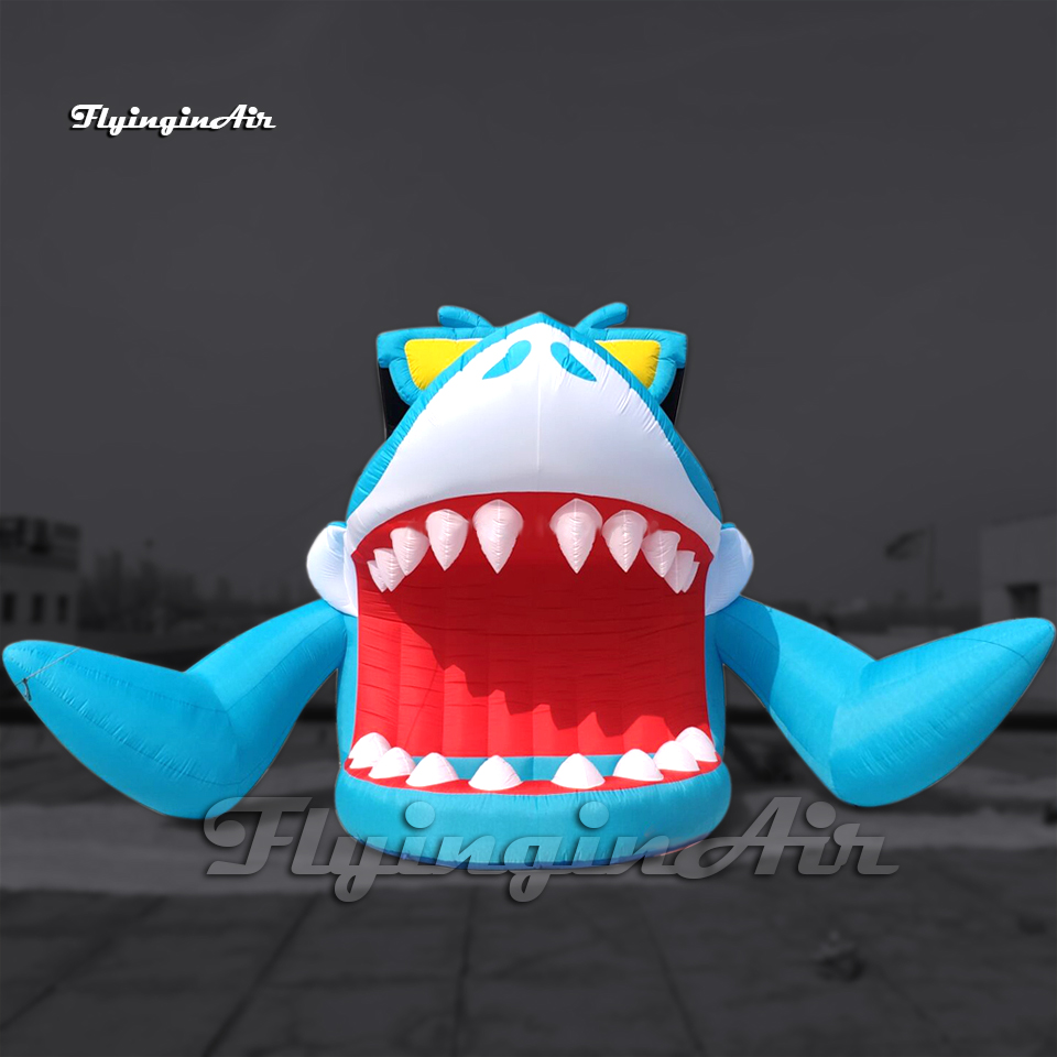 Large Blue Inflatable Cartoon Shark Concert Mascot Tent Open Mouth DJ Inside With Sunglassess For Outdoor Event