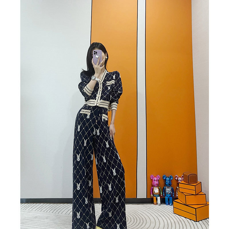 Knited Two Piece Set Women Autumn Winter Clothing Sets Casual Long Sleeve Sweater Cardigan Wide Leg Long Pants Suits 220819