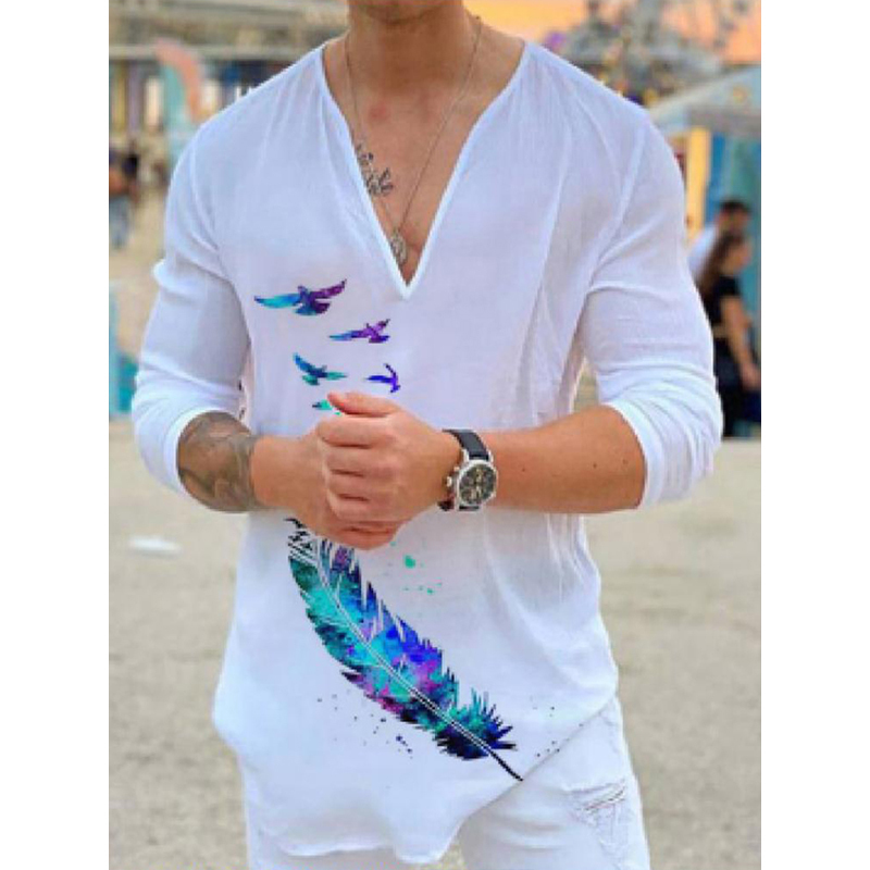 Men's T-shirt V-neck Printing Long Sleeve Slim Breathable High Quality Soild Color Top Tee Fashion Casual Mens Clothing 220819