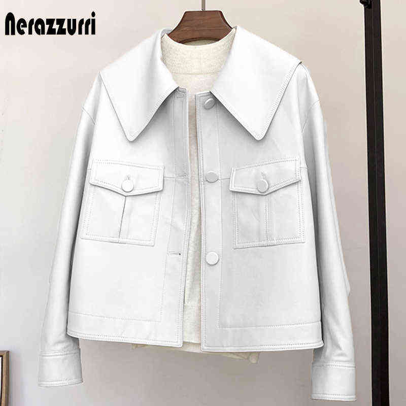 Nerazzurri Spring short light white leather jacket for women peter pan collar long sleeve Casual leather jackets for women 2021 T220810