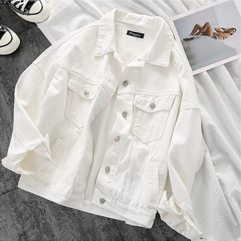 White Denim Jacket Women's Autumn Coat The Large Size Fashion Solid Color Loose All-match Lapel Black Women Clothing 220818