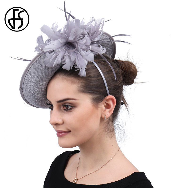 FS Fascinators Grey Church Sinamay Hat With Feather Fedora Hats For Women Derby Cocktail Party Bridal Ladies Church Hats 220819