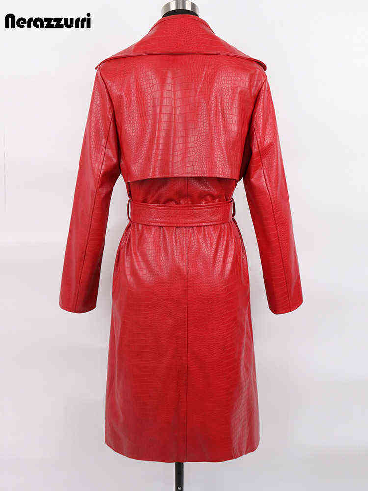 Nerazzurri Autumn Long Loose Red Crocodile Print Leather Trench Coat for Women Belt Double Breasted Waterproof Raincoat Fashion T220810
