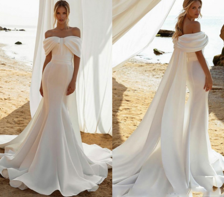 New Off The Shoulder Mermaid Wedding Dresses Sleeveless Soft Satin Bridal Gown Illusion Back Vestido De Noiva