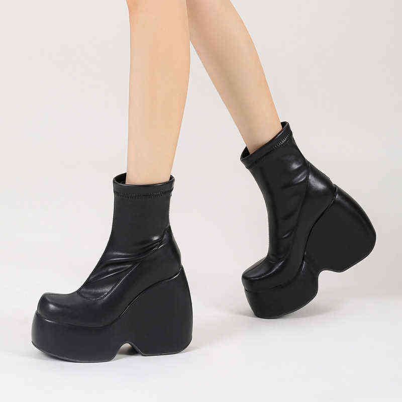 Stretch Punk Style Chunky Platform Ankle Boot For Women Autumn Winter Shoes Ladies High Heels Short Boots Bottine Female Black J220805