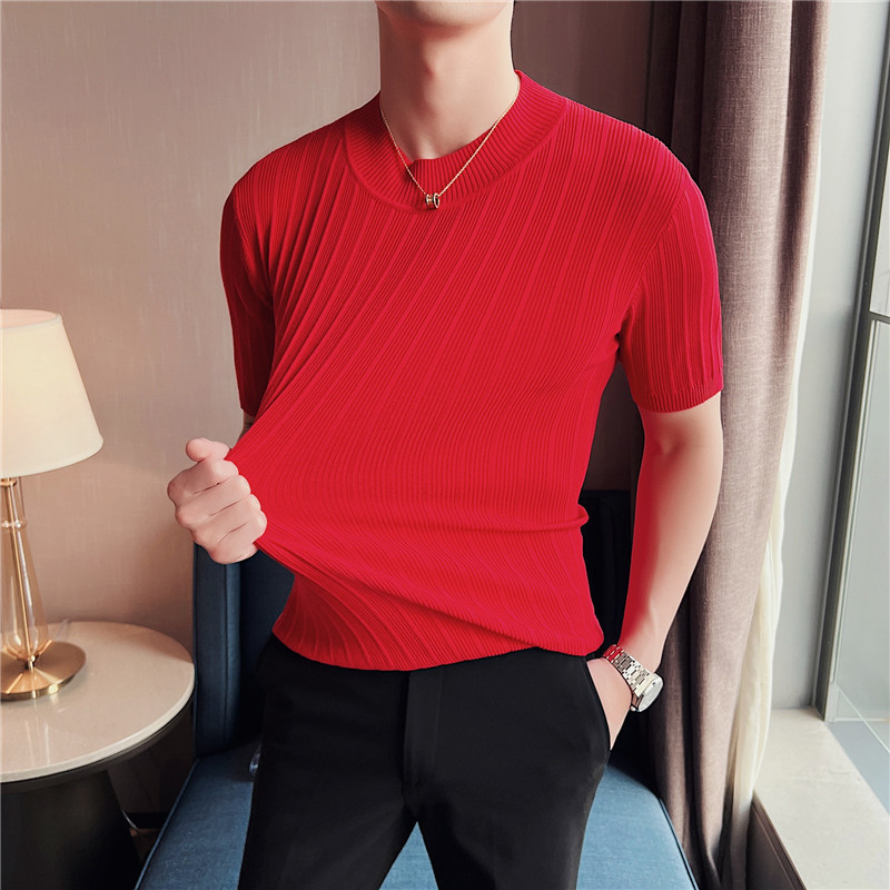 Men's High-End Casual Short Sleeve knitting Sweater/Male High collar Slim Fit Stripe Set head Knit Shirts Plus size S-4XL 220819