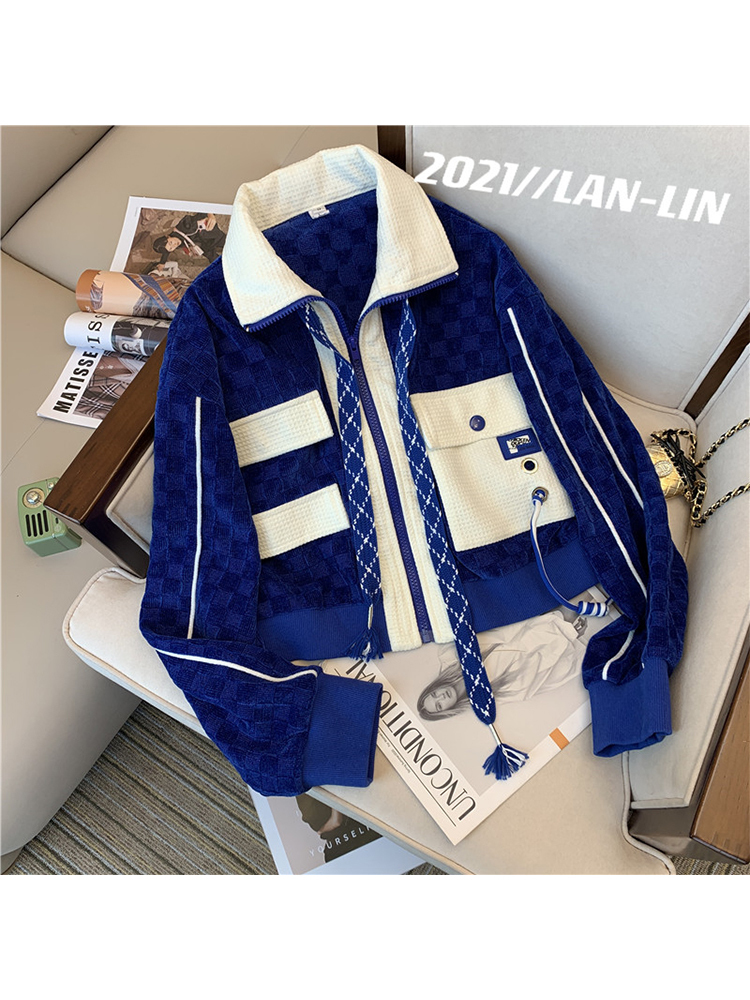 Women Blue Pants Set Lapel Warm CoatElastic Loose Waist Trousers 2 PIEC Suits Sportswear Outfits Autumn and Winter 220819