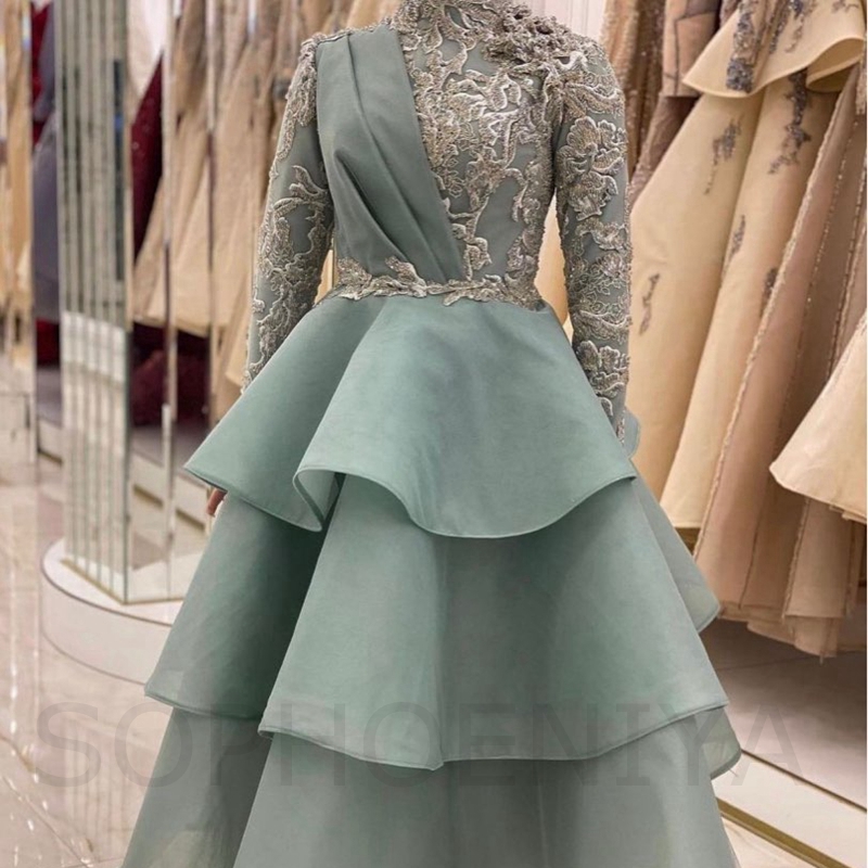 Organza High Neck Long sleeve Evening Dresses 2022 Muslim Sage Green Lace Beading Prom Party gowns Robe de soiree de mariage