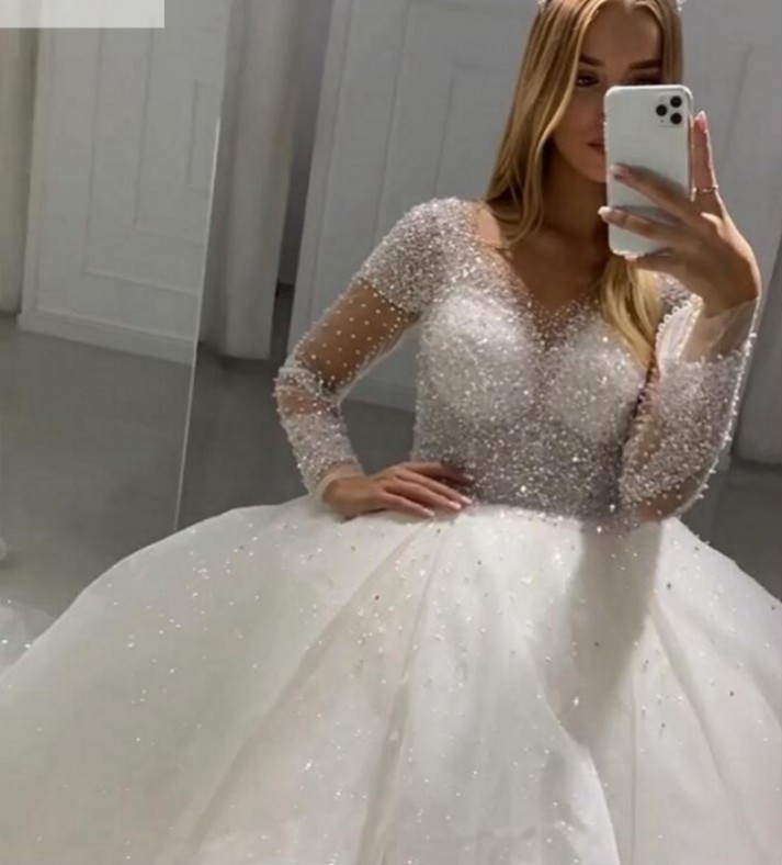 Arabic Dubai Wedding Dress Ball Gowns Glitter Tulle Sheer V-neck Beads Bride Dresses Robe De Mariee Long Sleeves Vestidos De Noiva