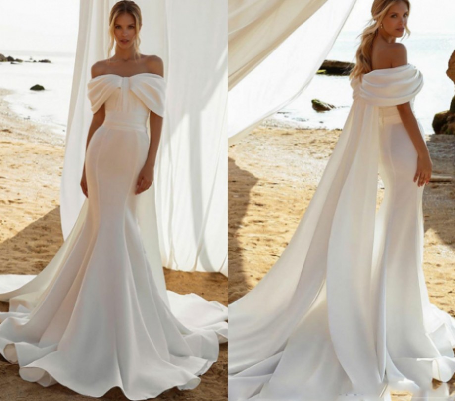 New Off The Shoulder Mermaid Wedding Dresses Sleeveless Soft Satin Bridal Gown Illusion Back Vestido De Noiva