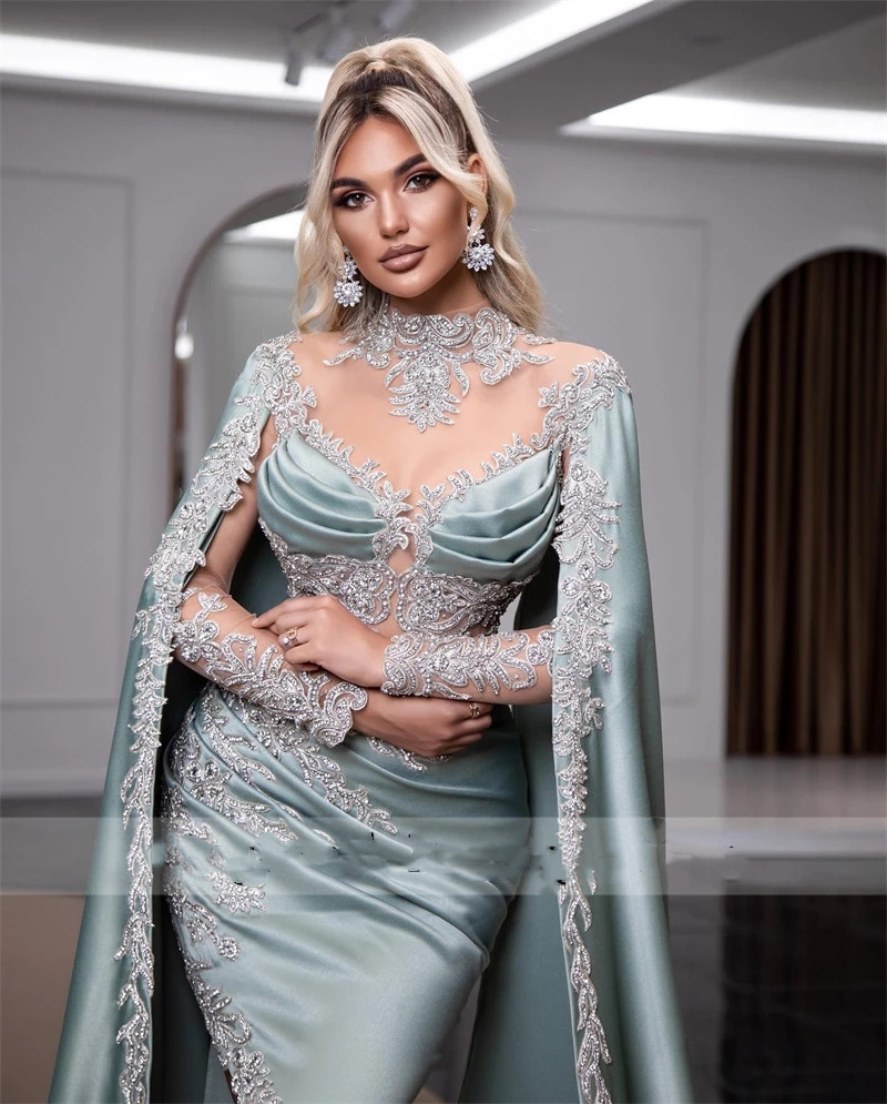 Beading Mermaid Evening Dresses With Long Cape Lace Celebrity Plus Size Formal Prom Gowns Robe De Soiree