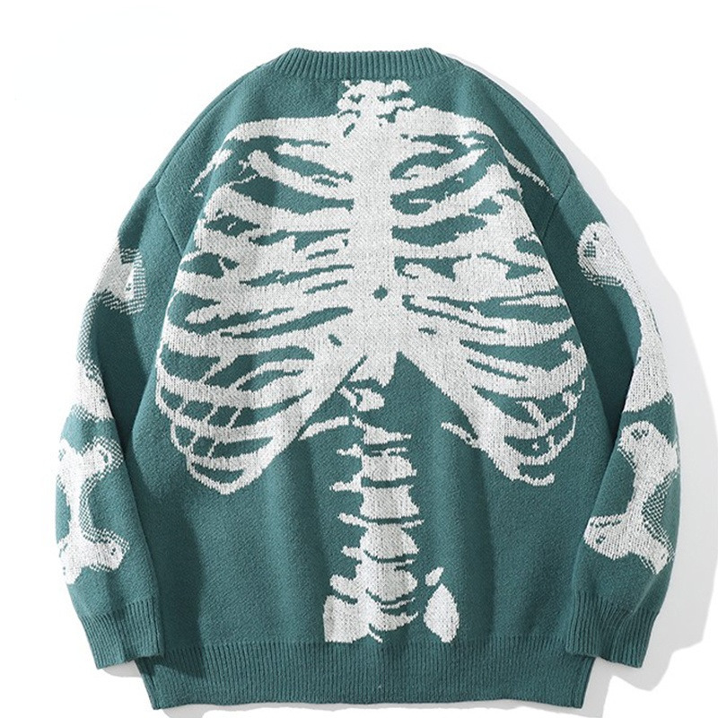 Men Oversized Sweater Black Loose Skeleton Bone Print Women Vintage Retro Knitted Sweater Autumn Cotton Pullover Unisex 220819