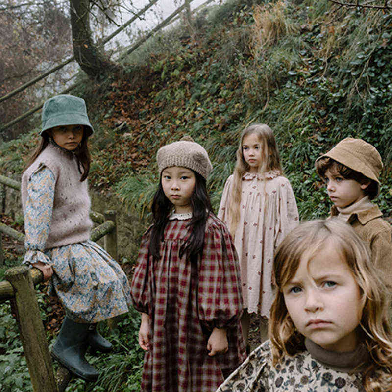 1-11Y BeBe Brown Plaid Dress Kids toddler girl dresses Peter Pan Collar Vintage Long Sleeve children's dresses for 5 years Old R231213