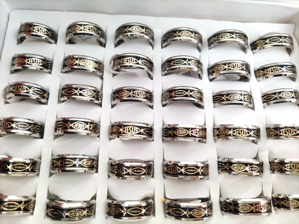 Bulk lots 50pcs/lot Top Mix Jesus Letter 316L Stainless Steel Ring For Religious Fish Men Women Wedding Jewelry Male Female Fashion Ring