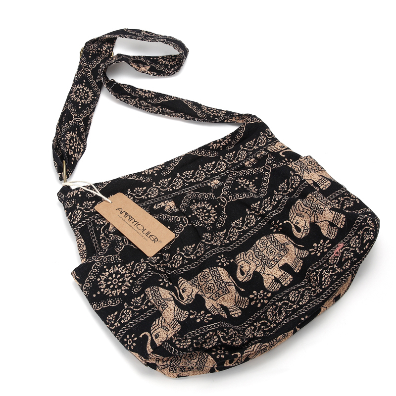 Annmouler Large Women Shoulder Bag Cotton Fabric Crossbody Tribal Elephant Print Hobo Soft Adjustable Messenger 220819