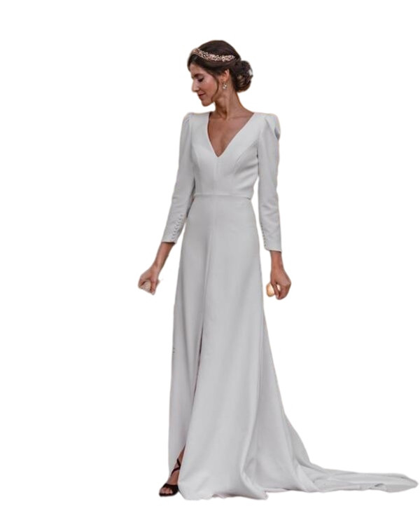 Long Sleeve Crepe Wedding Dress Modern Bohemian Elegant V Neck Open Back Front Split Beach Temple Bridal Gowns