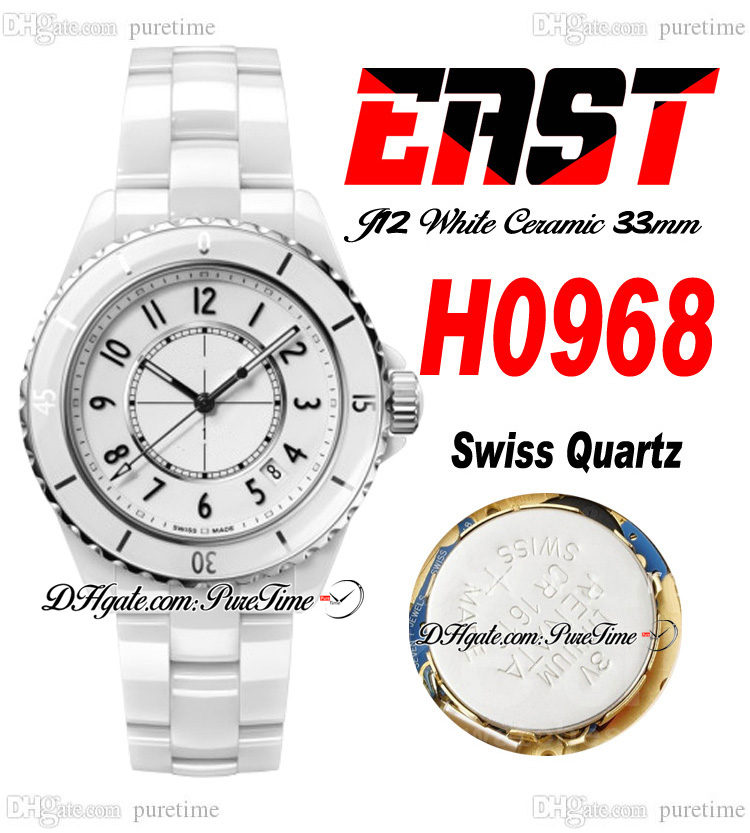 EAST J13 33mm H0968 Swiss Quartz Ladies Watch Korea Ceramic White Dial Black Number Markers Ceramics Bracelet Super Edition Womens Watches Puretime