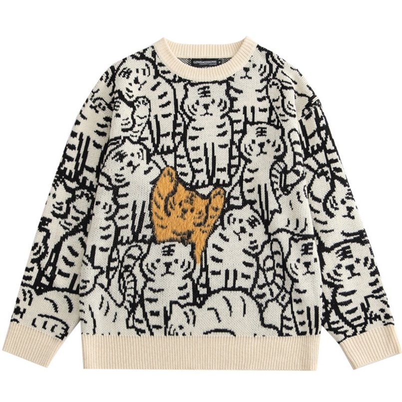 Harajuku Vintage Streetwear Sweaters Men Pullover Cartoon Tiger Pattern Knitted Jumpers Autumn Couple Casual Loose Tops Men 220819