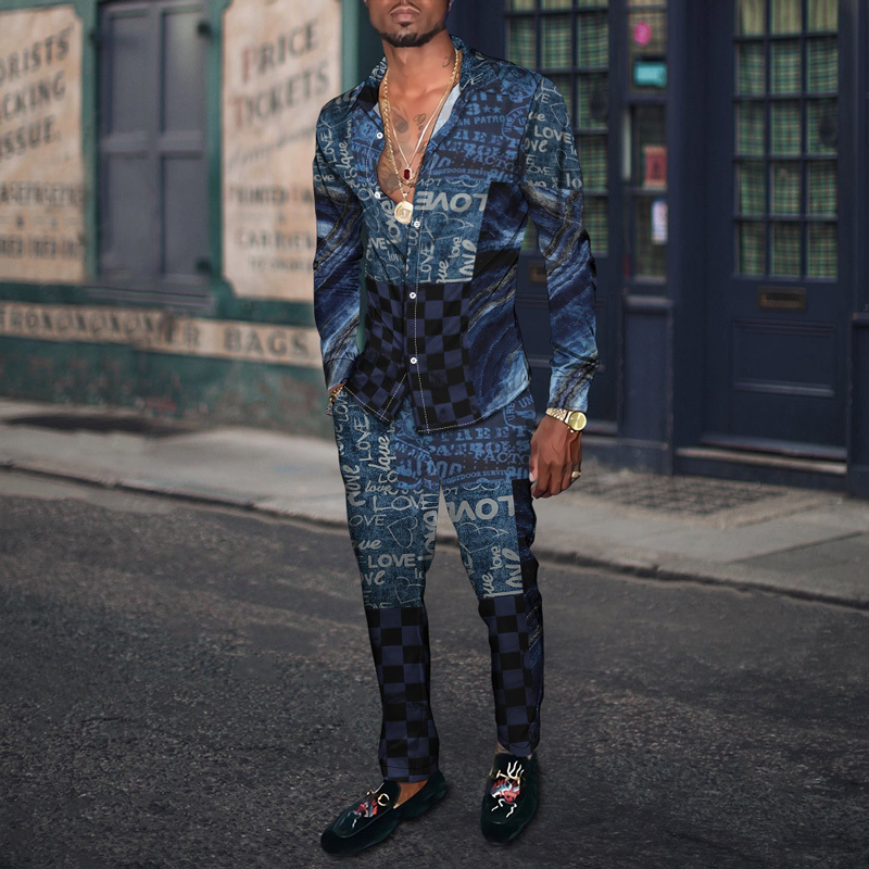 Spring Autumn Gentleman Shirt Trousers Checkered 3D Print Men Suit Jacket Cardigan Pants Set S4XL Oversized 100kg Man's Outfit 220819