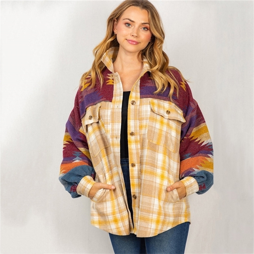 Casual Christmas Long Sleeve Jackets Autumn Winter Aztec Plaid Stitching Woolen Coat Women Wild Lapel Pocket Long Jacket 059 220819