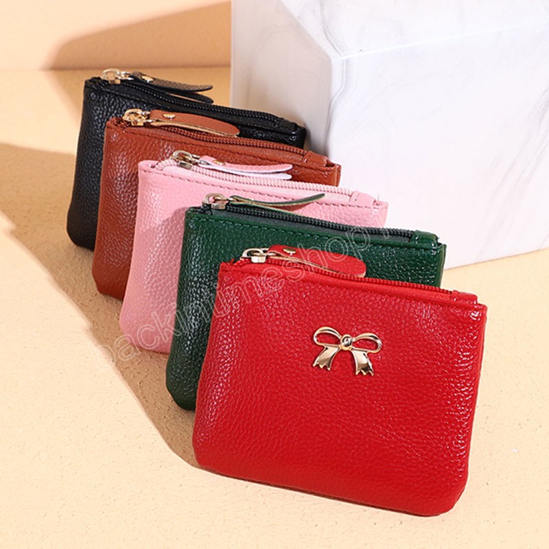 Bow-knot Zipper Coin Purse Soft Leather Small Money Bag Litchi Pattern Simple All-match Sweet Fresh Portable Coin Purse