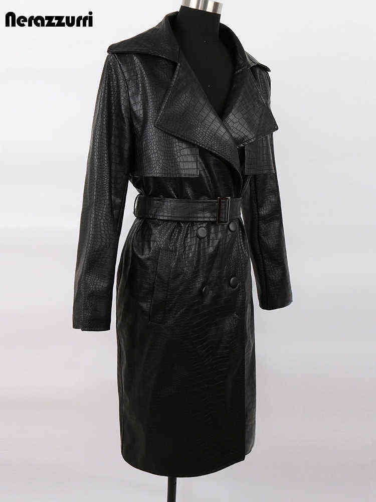 Nerazzurri Autumn Long Loose Red Crocodile Print Leather Trench Coat for Women Belt Double Breasted Waterproof Raincoat Fashion T220810
