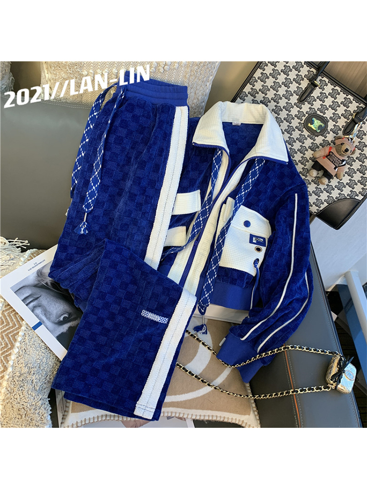 Women Blue Pants Set Lapel Warm CoatElastic Loose Waist Trousers 2 PIEC Suits Sportswear Outfits Autumn and Winter 220819
