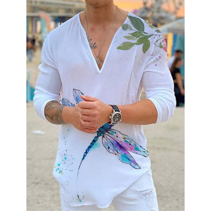 Men's T-shirt V-neck Printing Long Sleeve Slim Breathable High Quality Soild Color Top Tee Fashion Casual Mens Clothing 220819