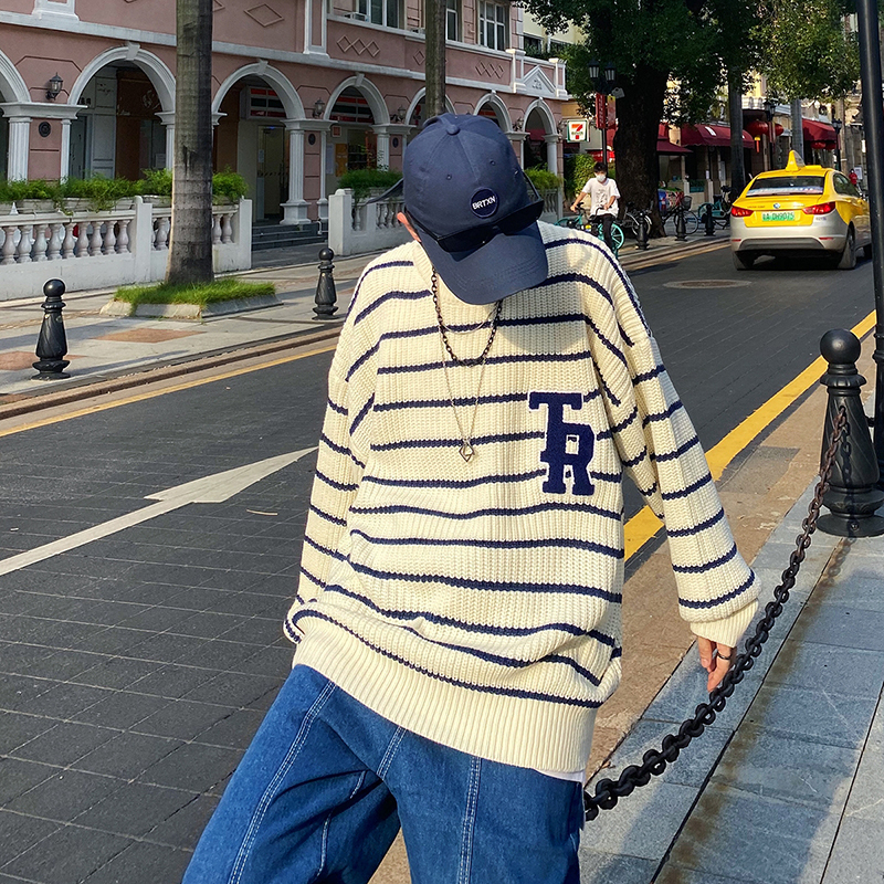 Letter Embroidery Striped Round Neck long-sleeved Sweater Men's Fall knit pullover Korean Casual Oversize Couple Sweaters 220819