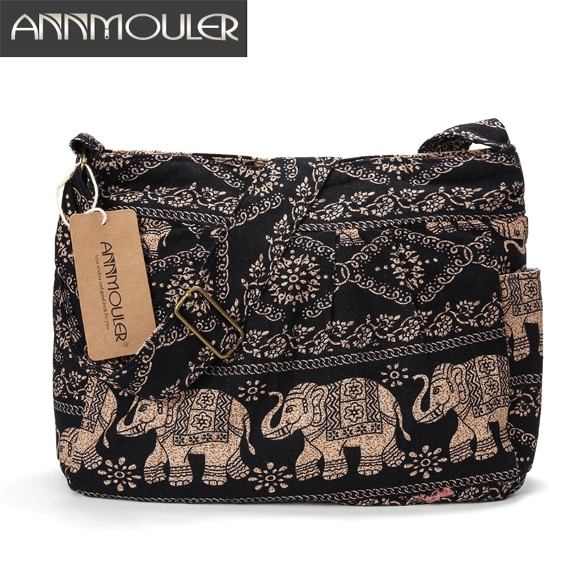 Annmouler Large Women Shoulder Bag Cotton Fabric Crossbody Tribal Elephant Print Hobo Soft Adjustable Messenger 220819