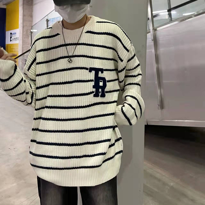 Letter Embroidery Striped Round Neck long-sleeved Sweater Men's Fall knit pullover Korean Casual Oversize Couple Sweaters 220819