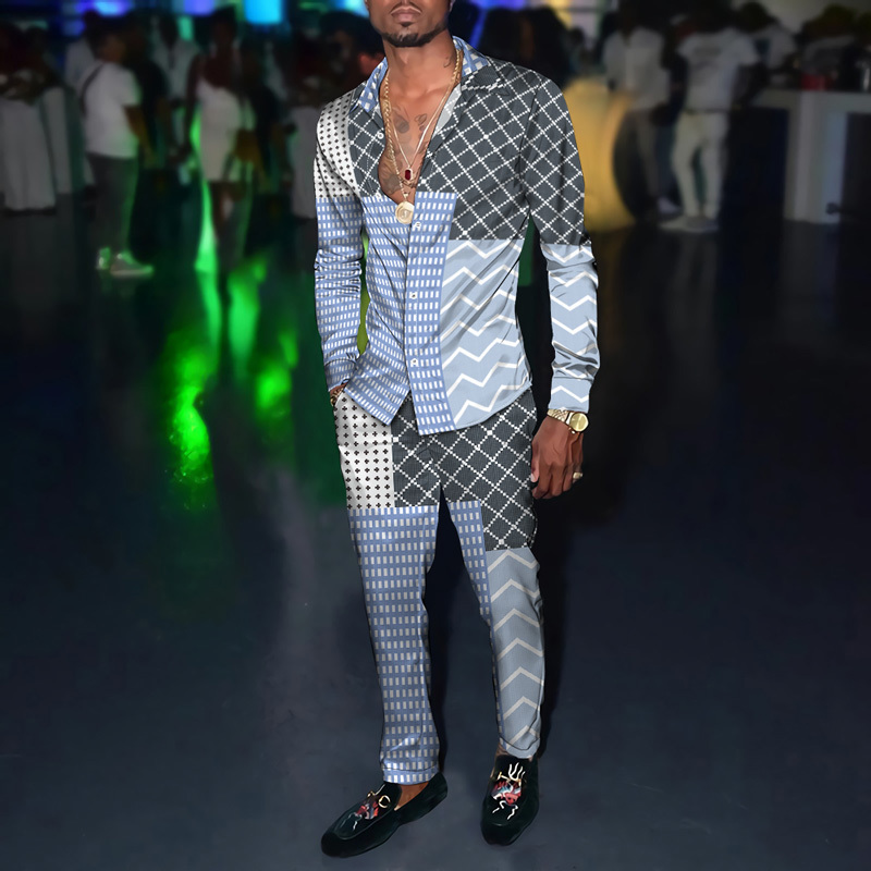 Spring Autumn Gentleman Shirt Trousers Checkered 3D Print Men Suit Jacket Cardigan Pants Set S4XL Oversized 100kg Man's Outfit 220819