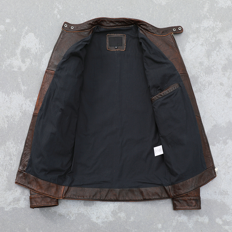 Retro Distressed Cowhide Leather Jacket Men's Real Leather Jacket Motorcycle Jacket Youth Slim Fit Unlined Coat Fashion 220819