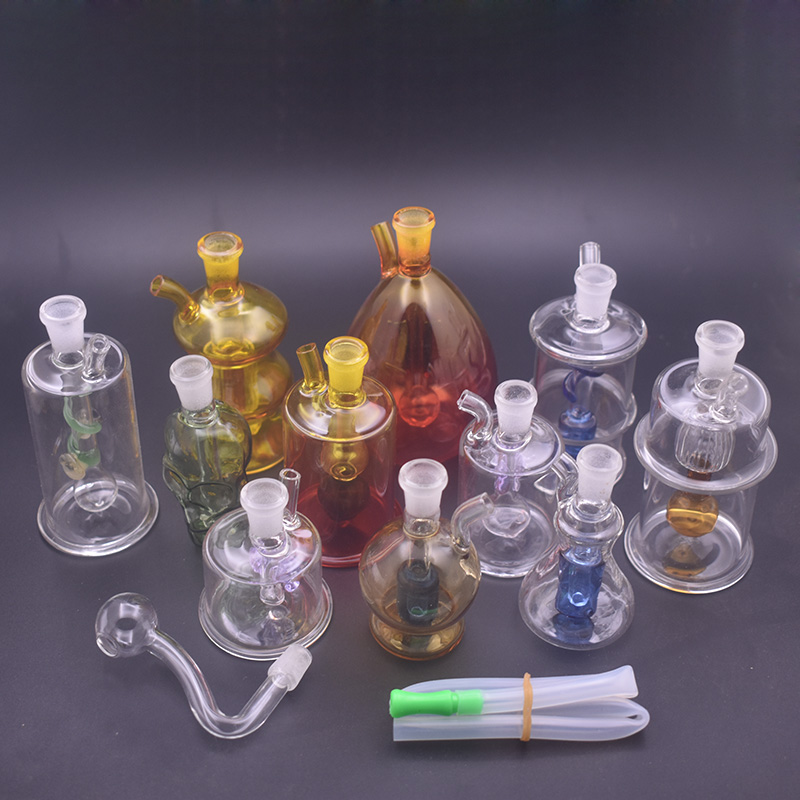 Mini Glass Oil Burner Bong Hookah Water Pipes with Thick Pyrex Clear Heady Recycler Ashcatcher Bongs for Smoking with Glass Oil Burner Pipe and Hose 5pcs