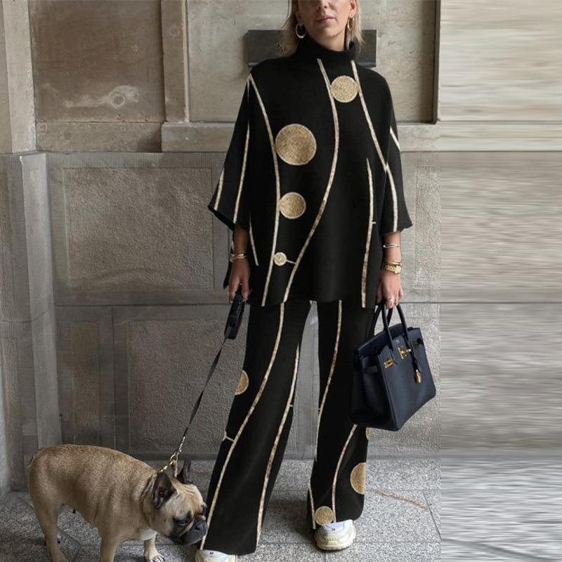 Retro Pattern Women's Wide Leg Pant 2 Piece Spring Half High Collar 34 Sleeve Pullovers Outfit Female Casual Chic Suit 220819