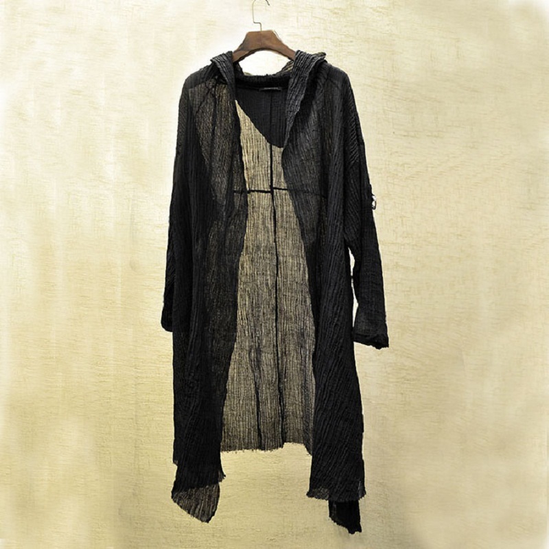 Translucent Linen cloak Thin Trench Men Gothic long coat Stranger things mysterious Dustcoat Men Cardigan Spring summer jacket 220818