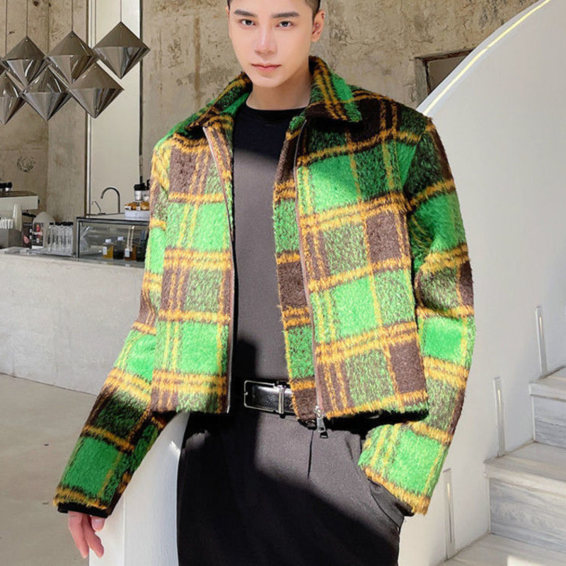 IEFB Men's Autumn Winter Woolen Plaid Short Jacket Vintage Fashion Lapel Zipped Coat Long Sleeve Colorblocked Top Autumn Clothing