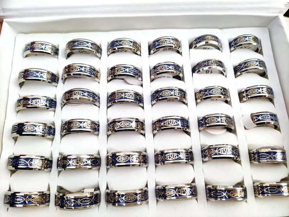 Bulk lots 50pcs/lot Top Mix Jesus Letter 316L Stainless Steel Ring For Religious Fish Men Women Wedding Jewelry Male Female Fashion Ring