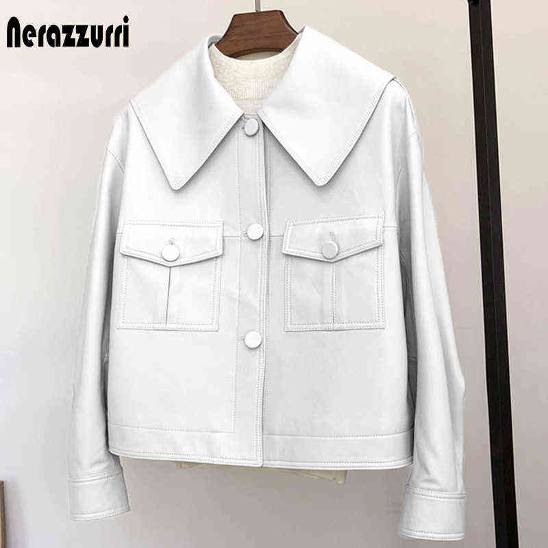 Nerazzurri Spring short light white leather jacket for women peter pan collar long sleeve Casual leather jackets for women 2021 T220810