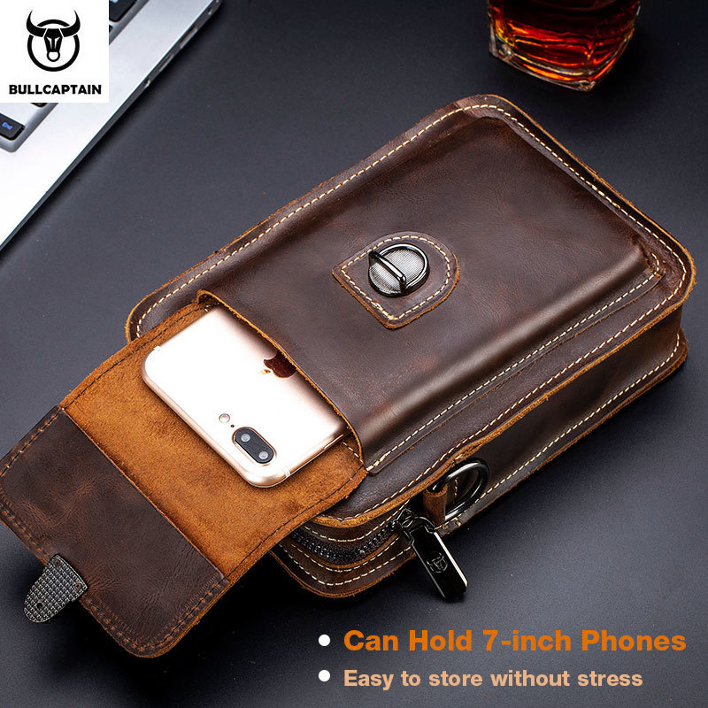 BULLCAPTAIN Crazy horse leather Male Waist Pack Phone Pouch Bags Waist Bag Mens Small chest Shoulder Belt Bag back pack075 220819