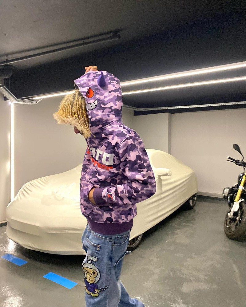 Purple Camo Anime Loose Zip Hoodie Men Y2K Contrast Print Embroidered Ears Harajuku Streetwear Retro Oversized Sweatshirt 220819