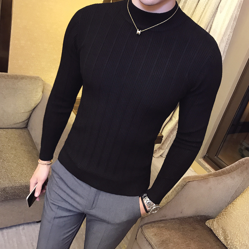 Pullover Men's Sweaters Korean Casual Striped Solid Sweater Men Half High Collar Stretch Tight Sweater Slim Fit Knit Tops 220819