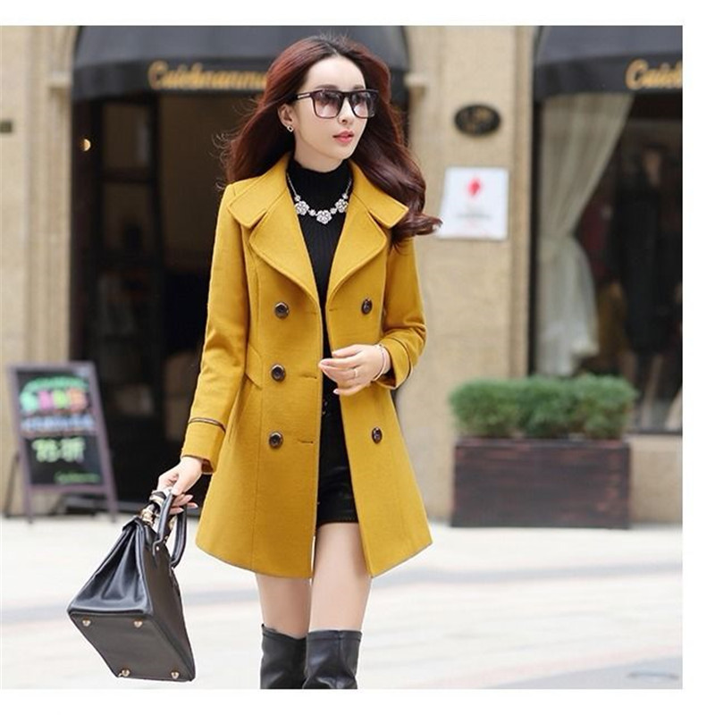 Autumn Winter Women s Woolen blends Jacket Korea Double Breasted Slim Mid Length Coat Solid Casual Female Outwear Trench 220818
