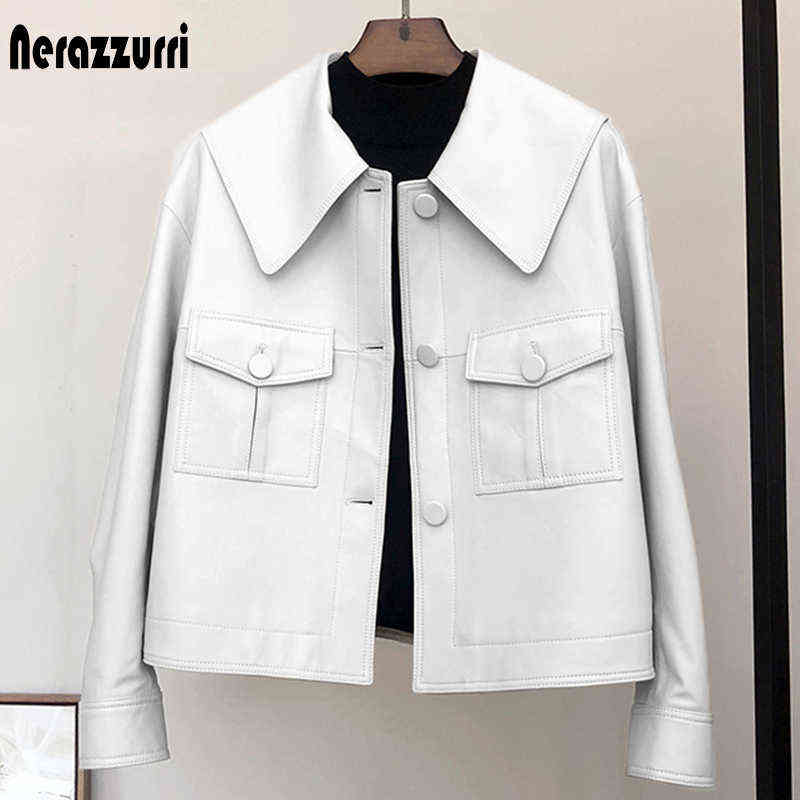 Nerazzurri Spring short light white leather jacket for women peter pan collar long sleeve Casual leather jackets for women 2021 T220810
