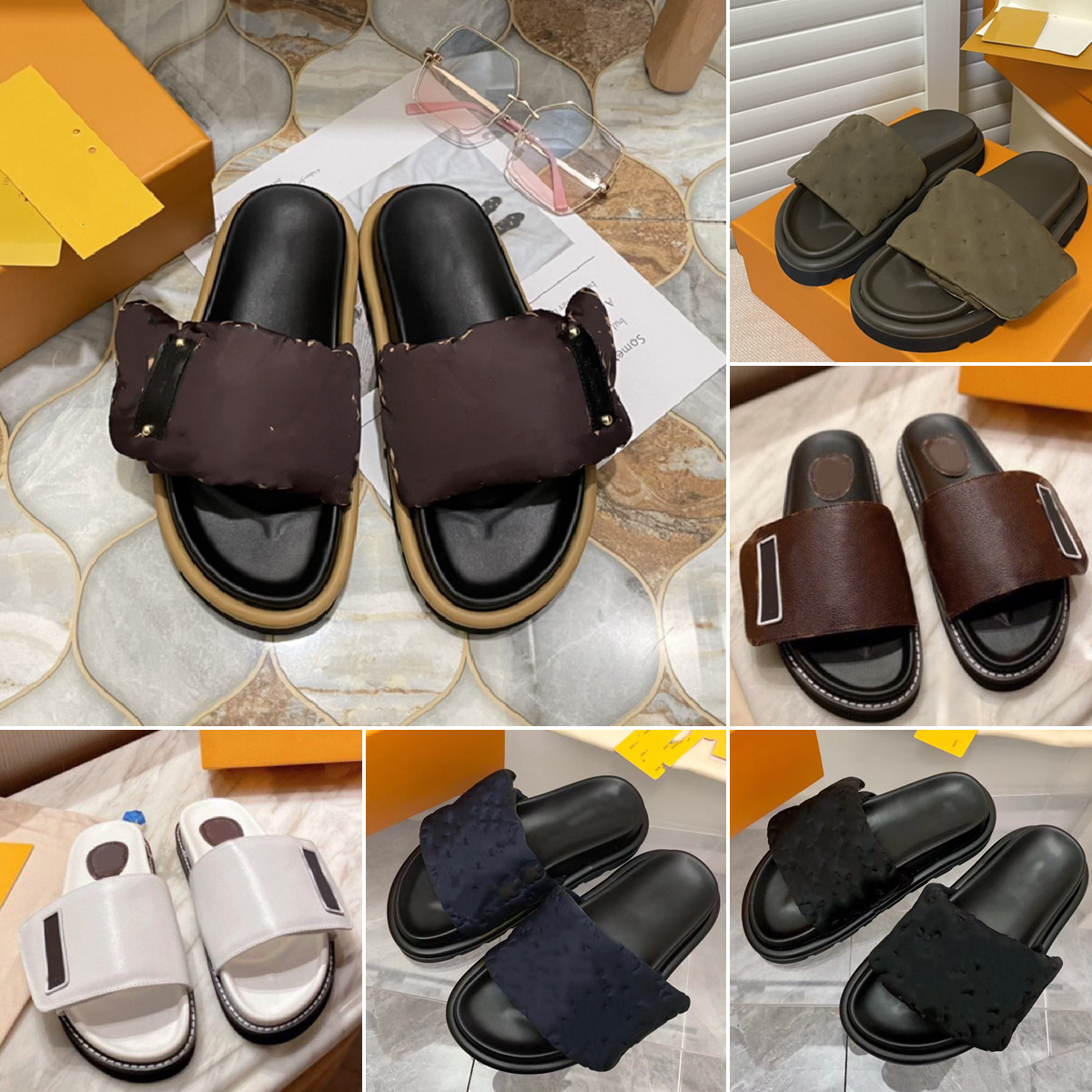 LUXURY Designer High Quality Men Women Pillow Slippers Sandals Embossed Printing Down Feather Hook & Loop Mule Summer Flat Heel Scuff Slides Flip Flops Beach Size 35-45, Black
LUXURY Designer High Quality Men Women Pillow Slippers Sandals Embossed Printing Down Feather Hook & Loop Mule Summer Flat Heel Scuff Slides Flip Flops Beach Size 35-45, Black