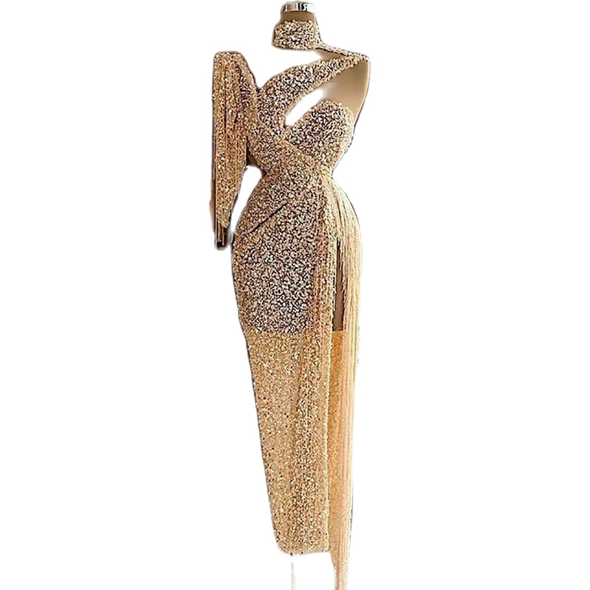 Champagne Mermaid Evening Dresses Sequined High Neck Long Sleeve Prom Dress Pageant Gown Custom Made Party Birthday Robes