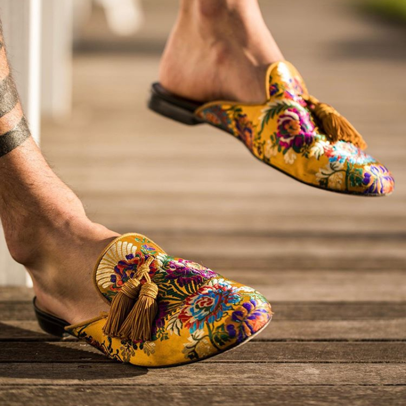 Men Elegant Sandals High-end Satin Exquisite Embroidery Tassel Slingback Comfortable Fashion Street Outdoor Summer Half Drag